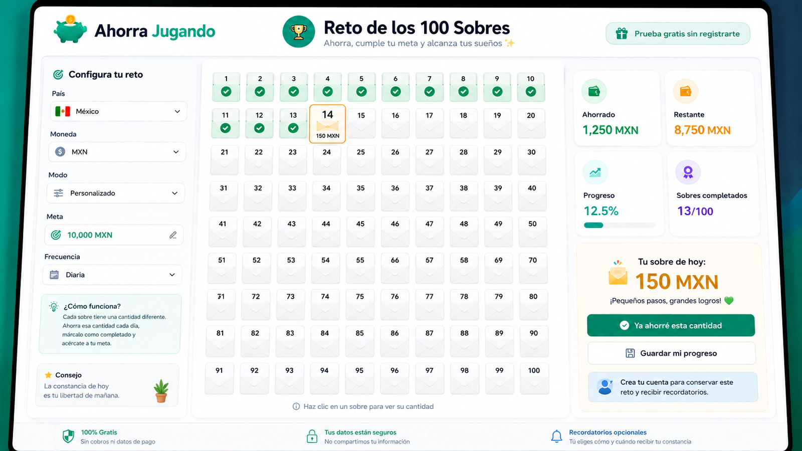 Interfaz del reto de los 100 sobres en México con moneda MXN