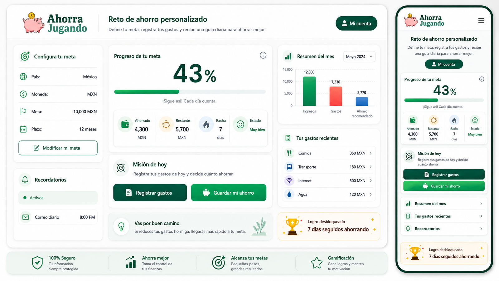 Interfaz del reto de ahorro personalizado con meta, progreso y gastos